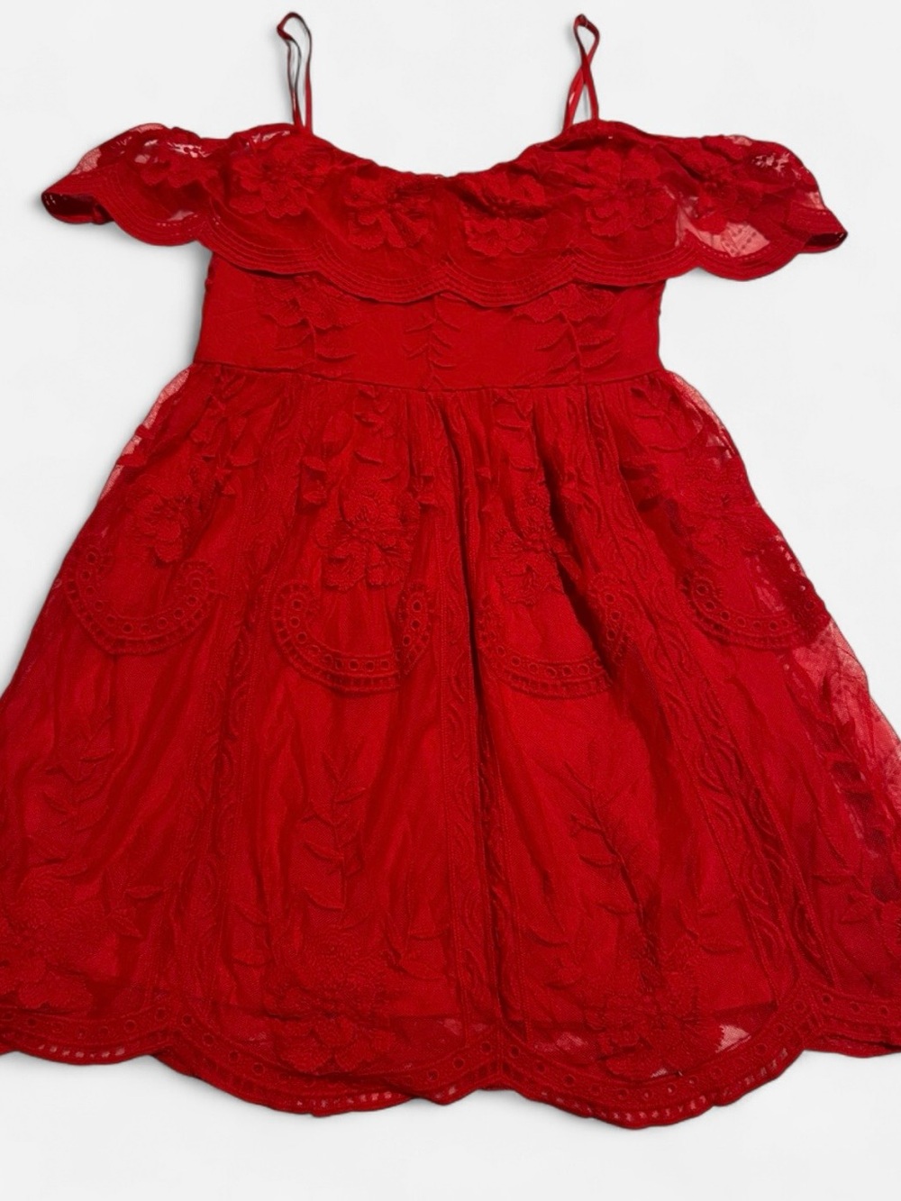 Red off the shoulder lace embroidered dress